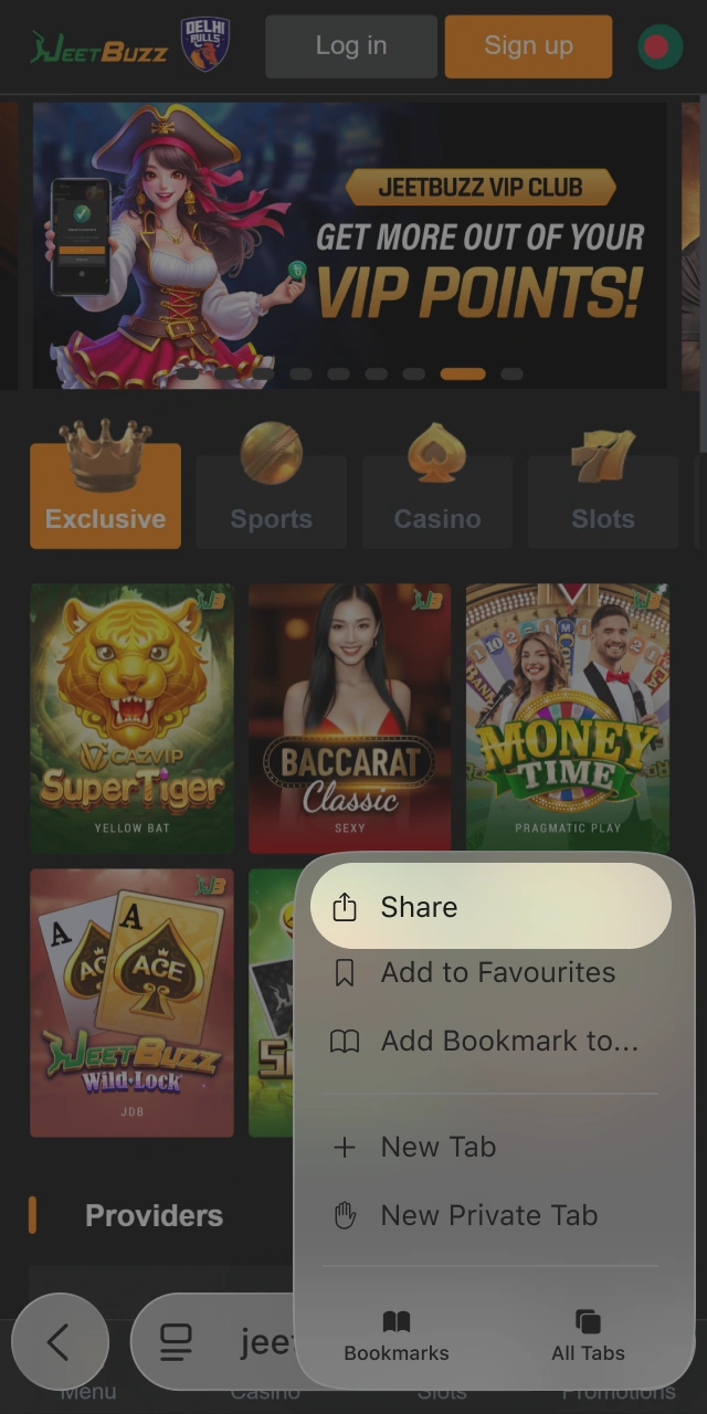Tap the share icon in your browser menu to reveal options for the JeetBuzz web app.