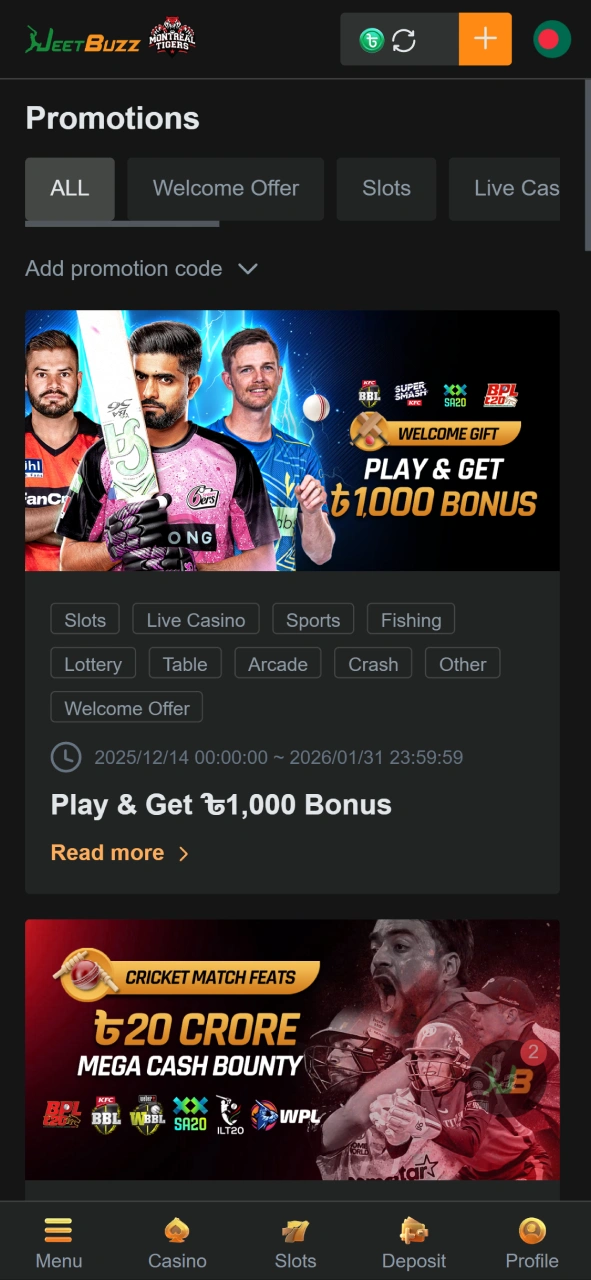 Browse the promotions section to find exclusive welcome offers and bonuses at JeetBuzz.