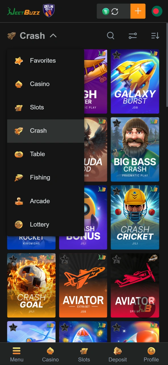 Navigate through game categories like slots, crash, and arcade games on the JeetBuzz app.