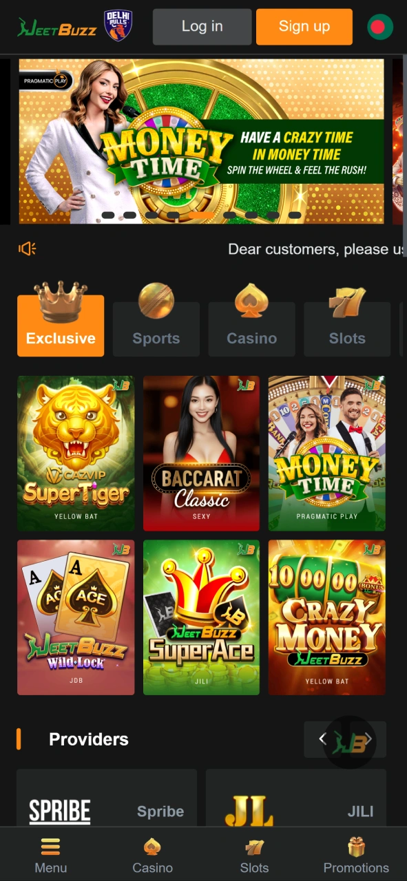 View the main lobby featuring top casino games and live dealer options at JeetBuzz.